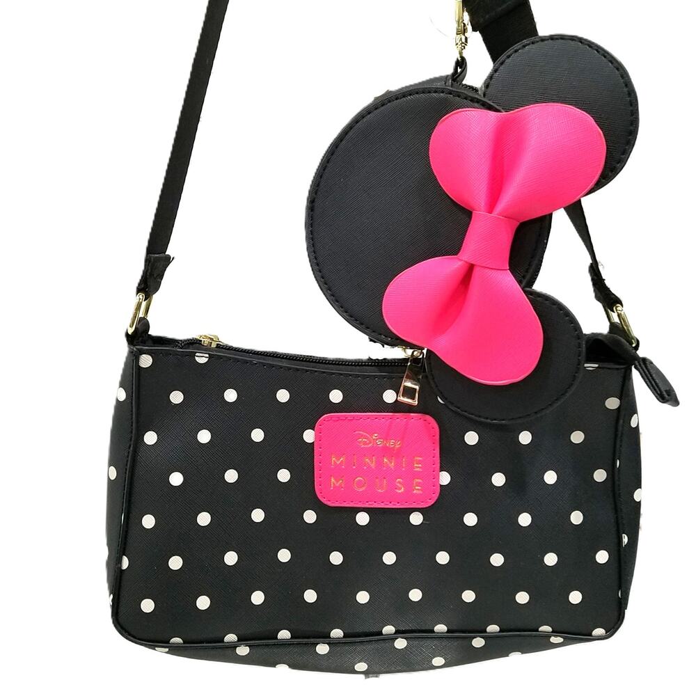 Disney Minnie Mouse Polka Dot Shoulder Bag Pink Bow Coin Pouch Set - Picture 10 of 10